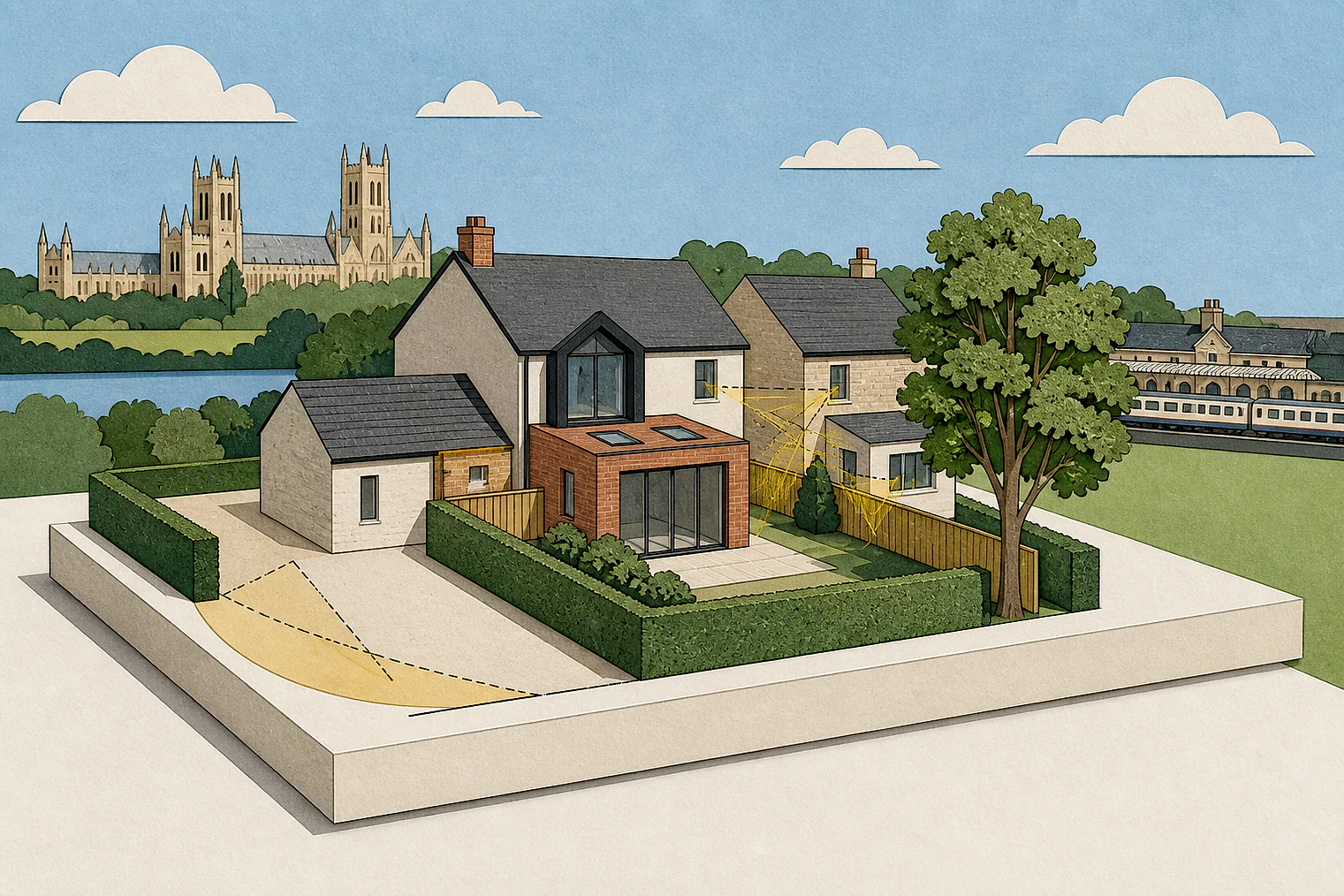 Cut-paper planning illustration for East Cambridgeshire, showing extensions, neighbours, access and open land near simplified local landmarks.