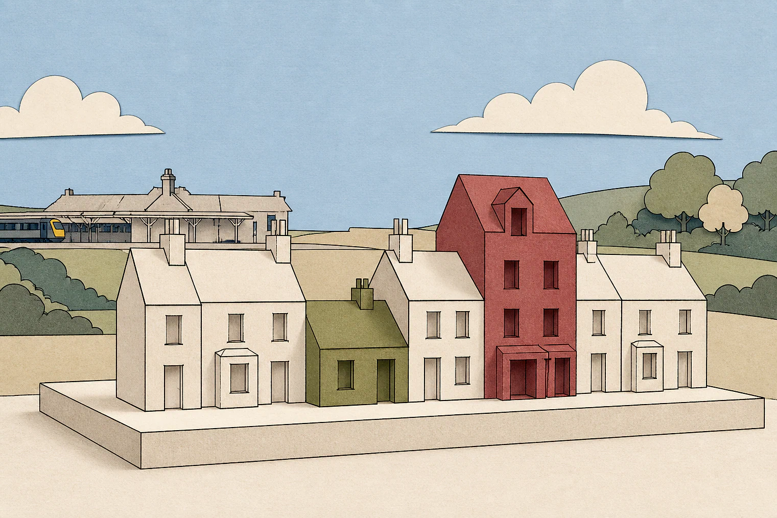Cut-paper illustration of an imaginary character, scale and appearance planning issue in East Devon, with simplified local landmarks.
