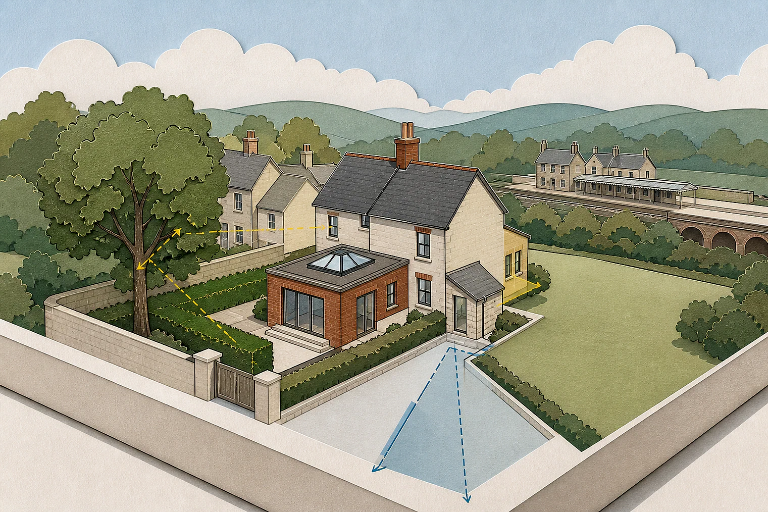 Cut-paper planning illustration for East Devon, showing extensions, neighbours, access and open land near simplified local landmarks.