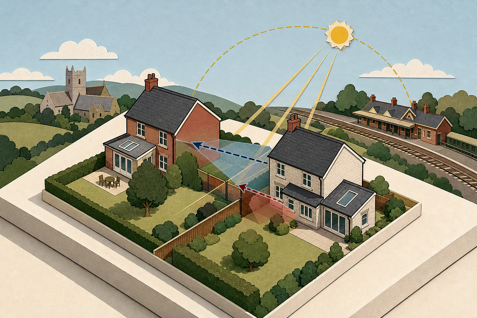 Cut-paper illustration of an imaginary privacy, daylight and neighbour living conditions planning issue in East Devon, with simplified local landmarks.