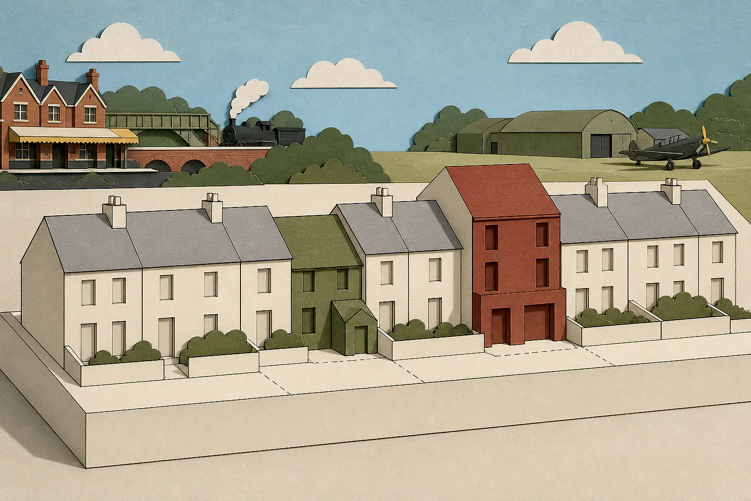 Cut-paper illustration of an imaginary character, scale and appearance planning issue in East Hampshire, with simplified local landmarks.