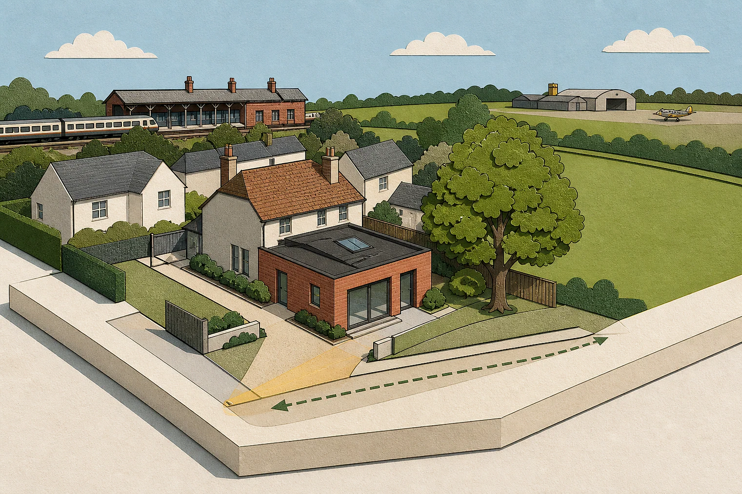 Cut-paper planning illustration for East Hampshire, showing extensions, neighbours, access and open land near simplified local landmarks.