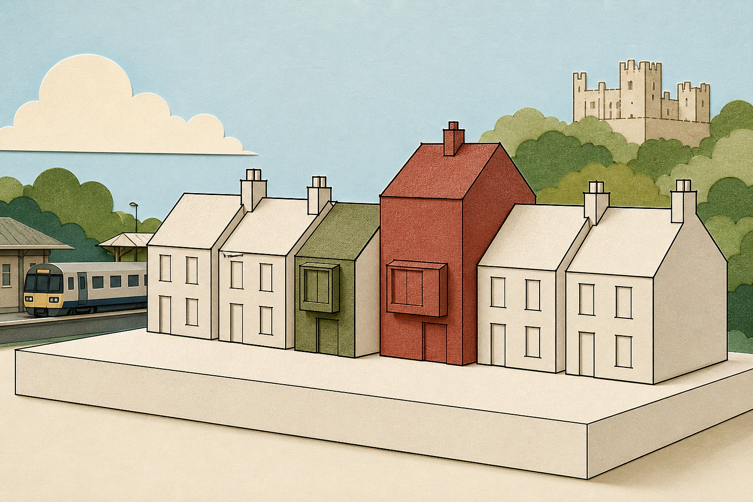 Cut-paper illustration of an imaginary character, scale and appearance planning issue in East Hertfordshire, with simplified local landmarks.