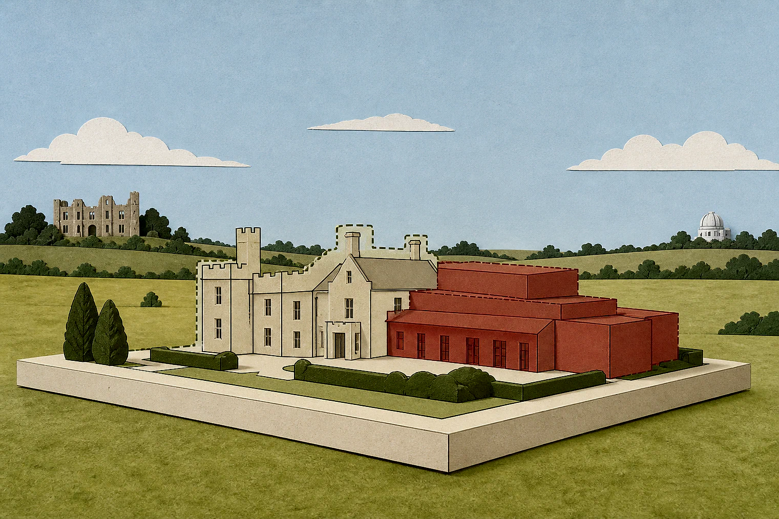 Cut-paper illustration of an imaginary building scale and Green Belt openness planning issue in East Hertfordshire, with simplified local landmarks.