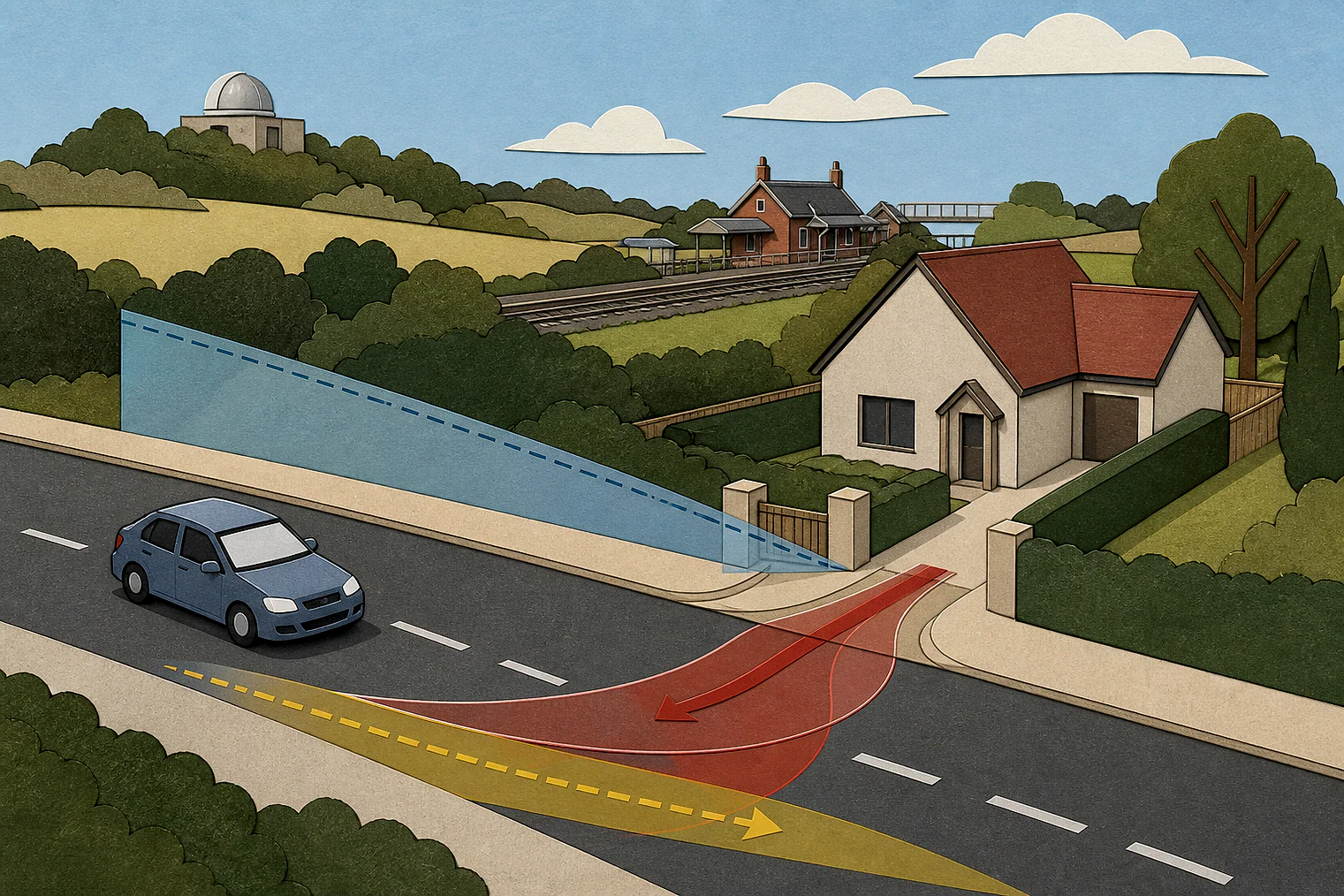Cut-paper illustration of an imaginary access, visibility and highway safety planning issue in East Hertfordshire, with simplified local landmarks.