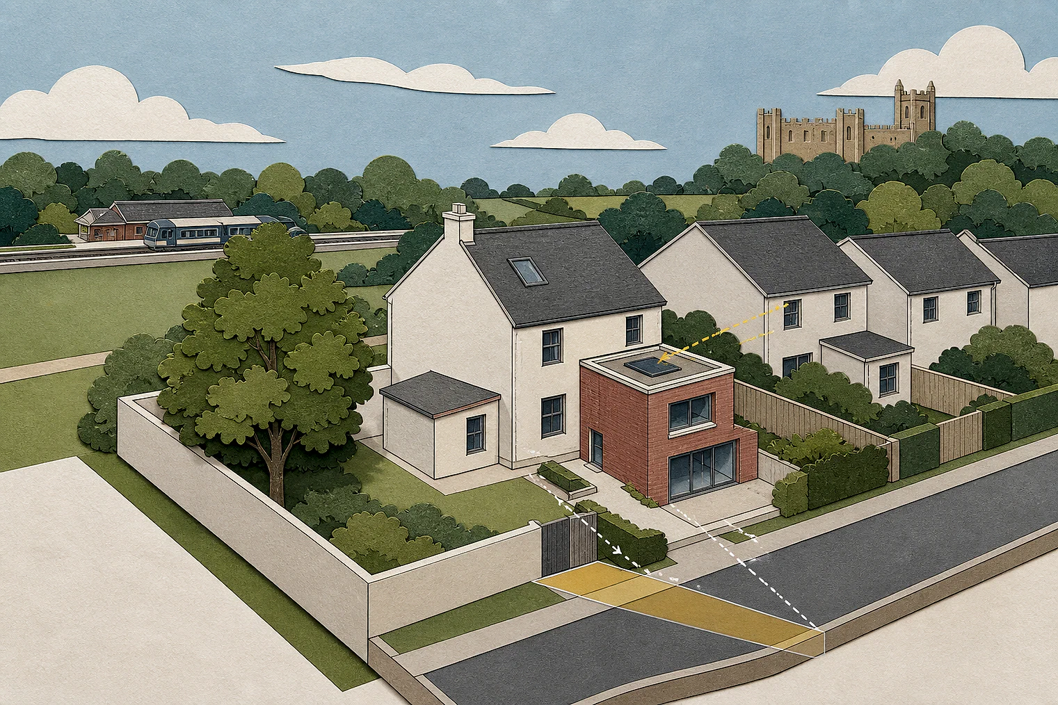 Cut-paper planning illustration for East Hertfordshire, showing extensions, neighbours, access and open land near simplified local landmarks.