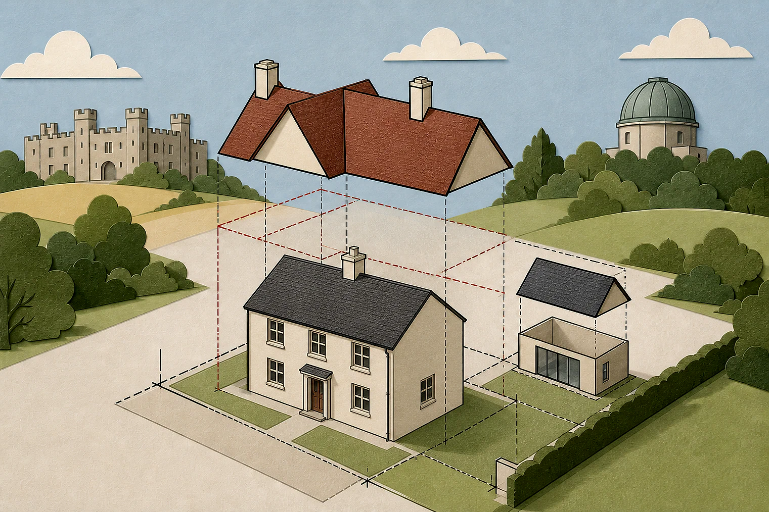 Cut-paper illustration of an imaginary permitted development dimensions and building relationships planning issue in East Hertfordshire, with simplified local landmarks.