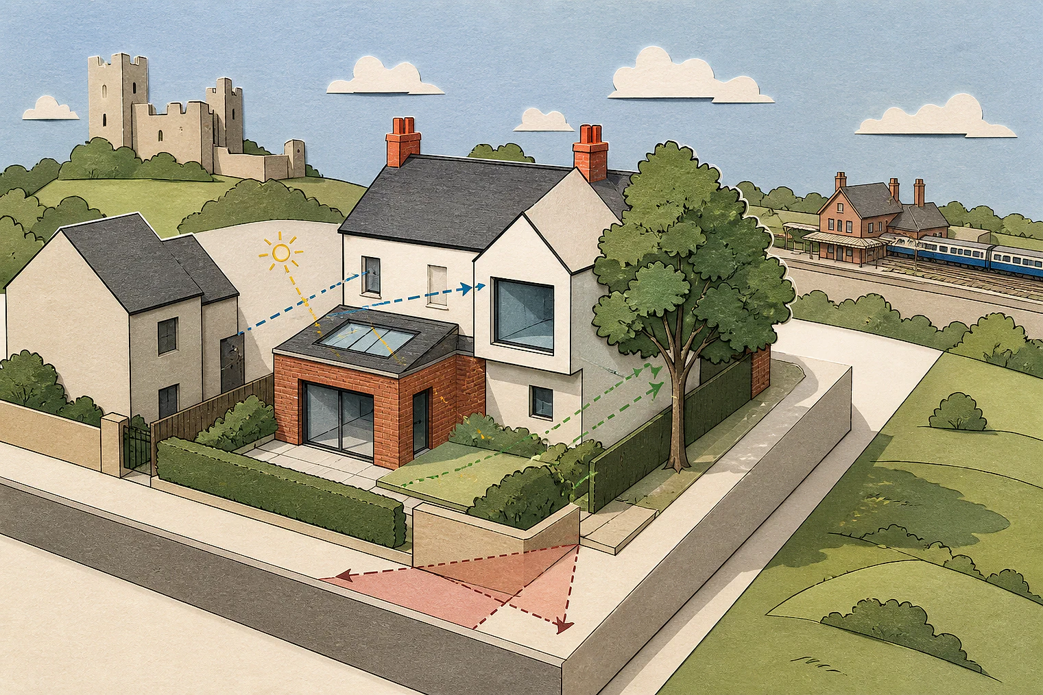 Cut-paper planning illustration for East Lindsey, showing extensions, neighbours, access and open land near simplified local landmarks.