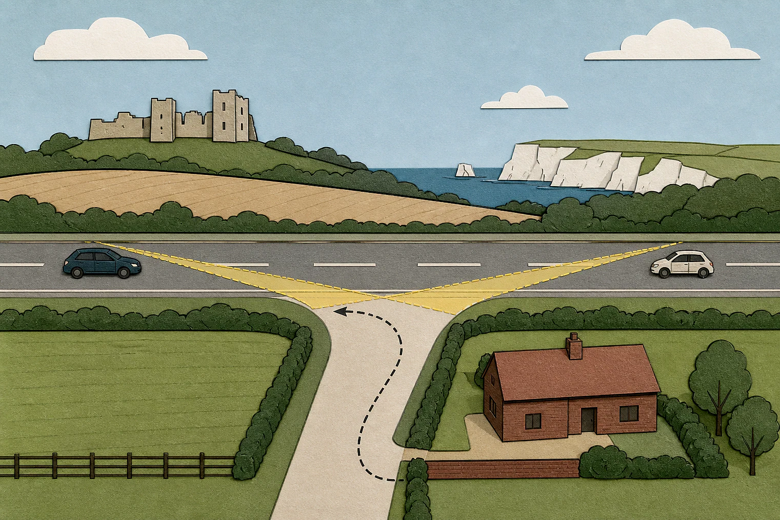 Cut-paper illustration of an imaginary access, visibility and highway safety planning issue in East Riding of Yorkshire, with simplified local landmarks.