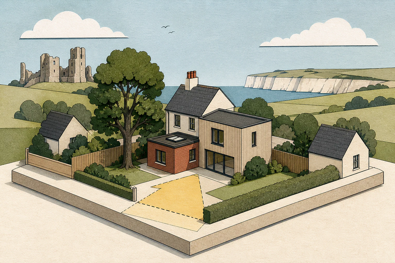 Cut-paper planning illustration for East Riding of Yorkshire, showing extensions, neighbours, access and open land near simplified local landmarks.