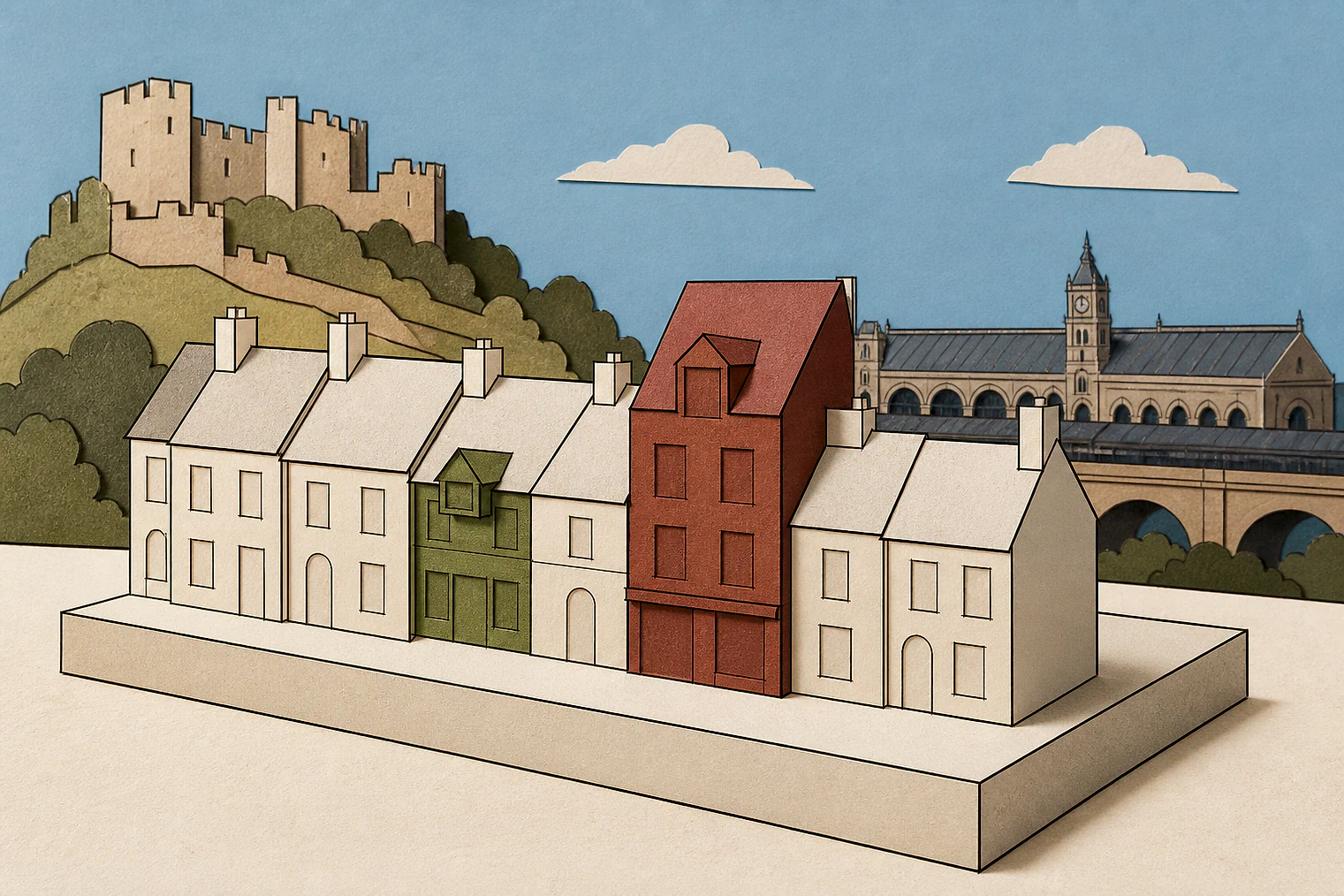 Cut-paper illustration of an imaginary character, scale and appearance planning issue in East Staffordshire, with simplified local landmarks.