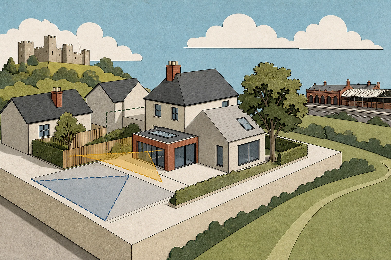Cut-paper planning illustration for East Staffordshire, showing extensions, neighbours, access and open land near simplified local landmarks.