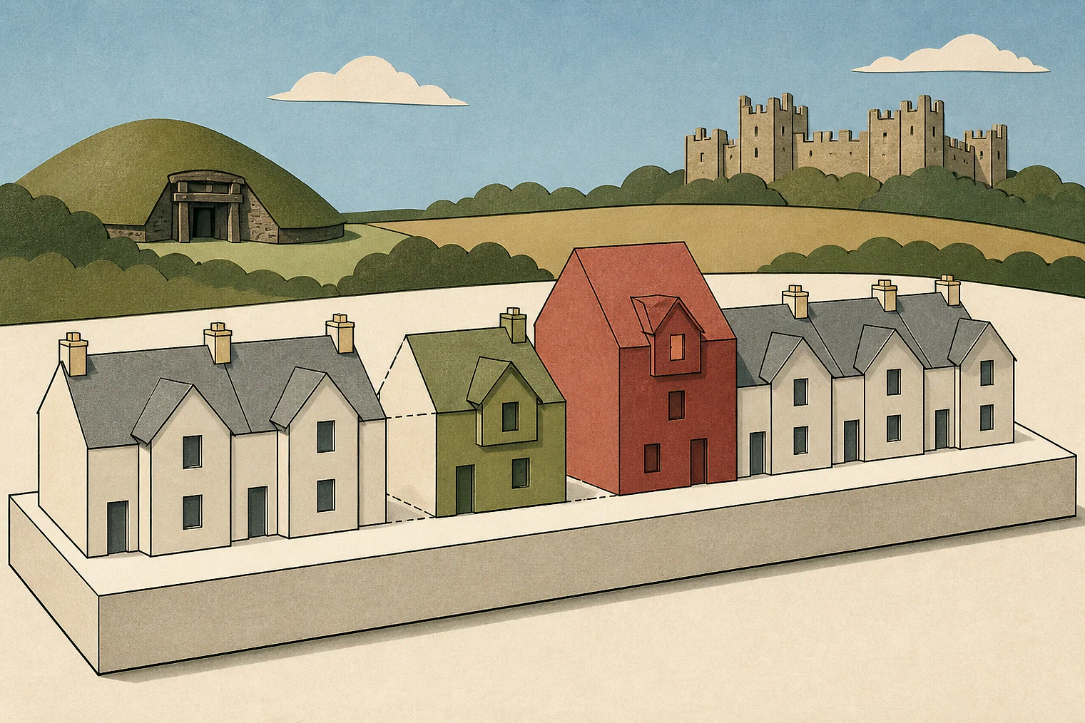 Cut-paper illustration of an imaginary character, scale and appearance planning issue in East Suffolk, with simplified local landmarks.