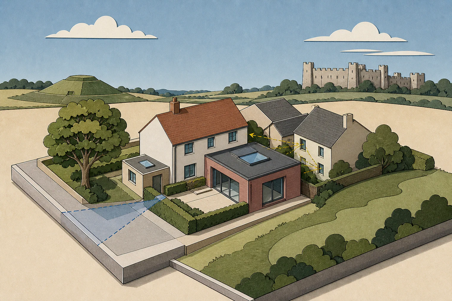 Cut-paper planning illustration for East Suffolk, showing extensions, neighbours, access and open land near simplified local landmarks.