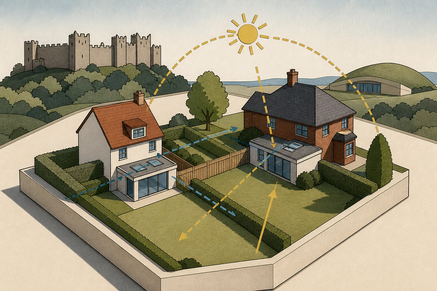 Cut-paper illustration of an imaginary privacy, daylight and neighbour living conditions planning issue in East Suffolk, with simplified local landmarks.