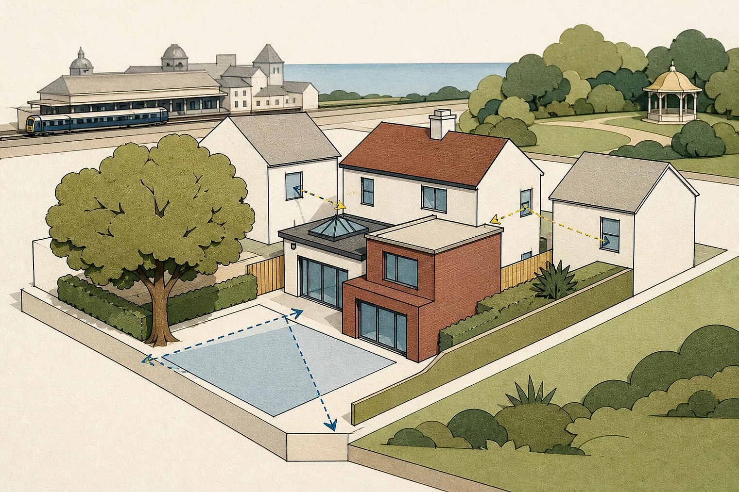 Cut-paper planning illustration for Eastbourne, showing extensions, neighbours, access and open land near simplified local landmarks.