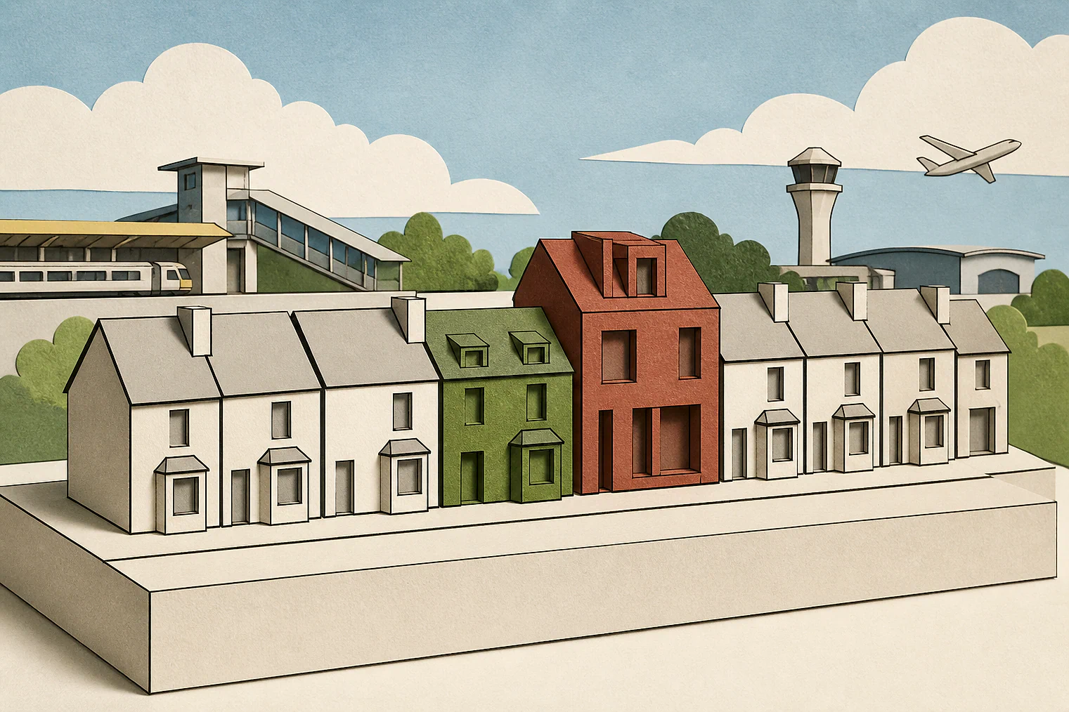 Cut-paper illustration of an imaginary character, scale and appearance planning issue in Eastleigh, with simplified local landmarks.