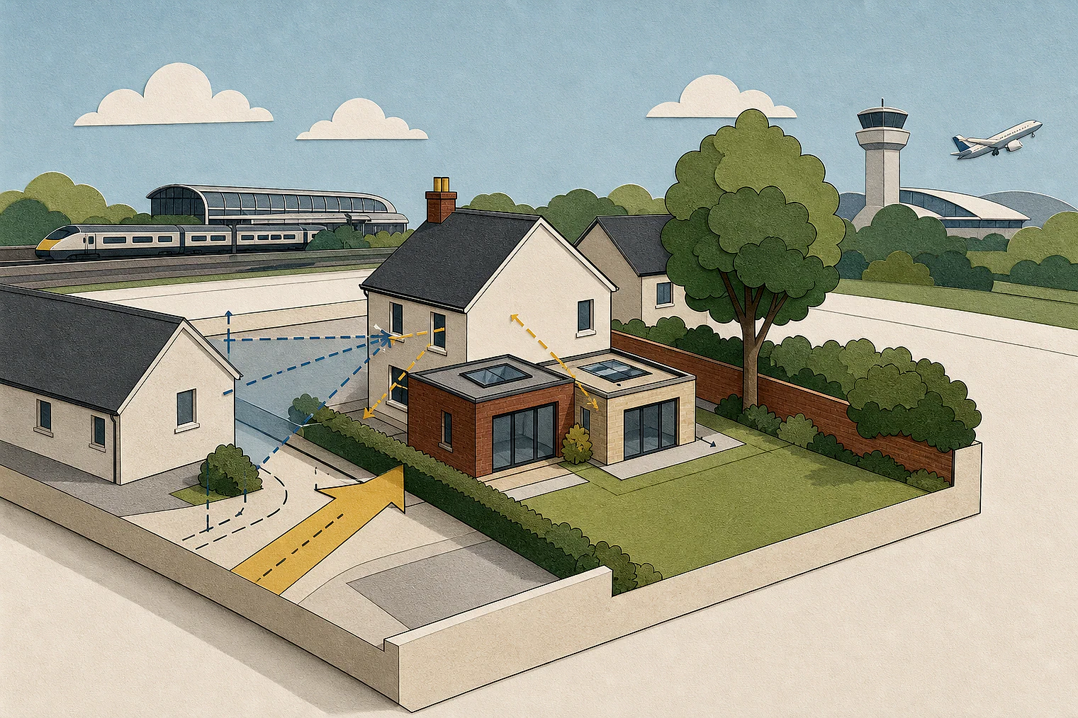 Cut-paper planning illustration for Eastleigh, showing extensions, neighbours, access and open land near simplified local landmarks.