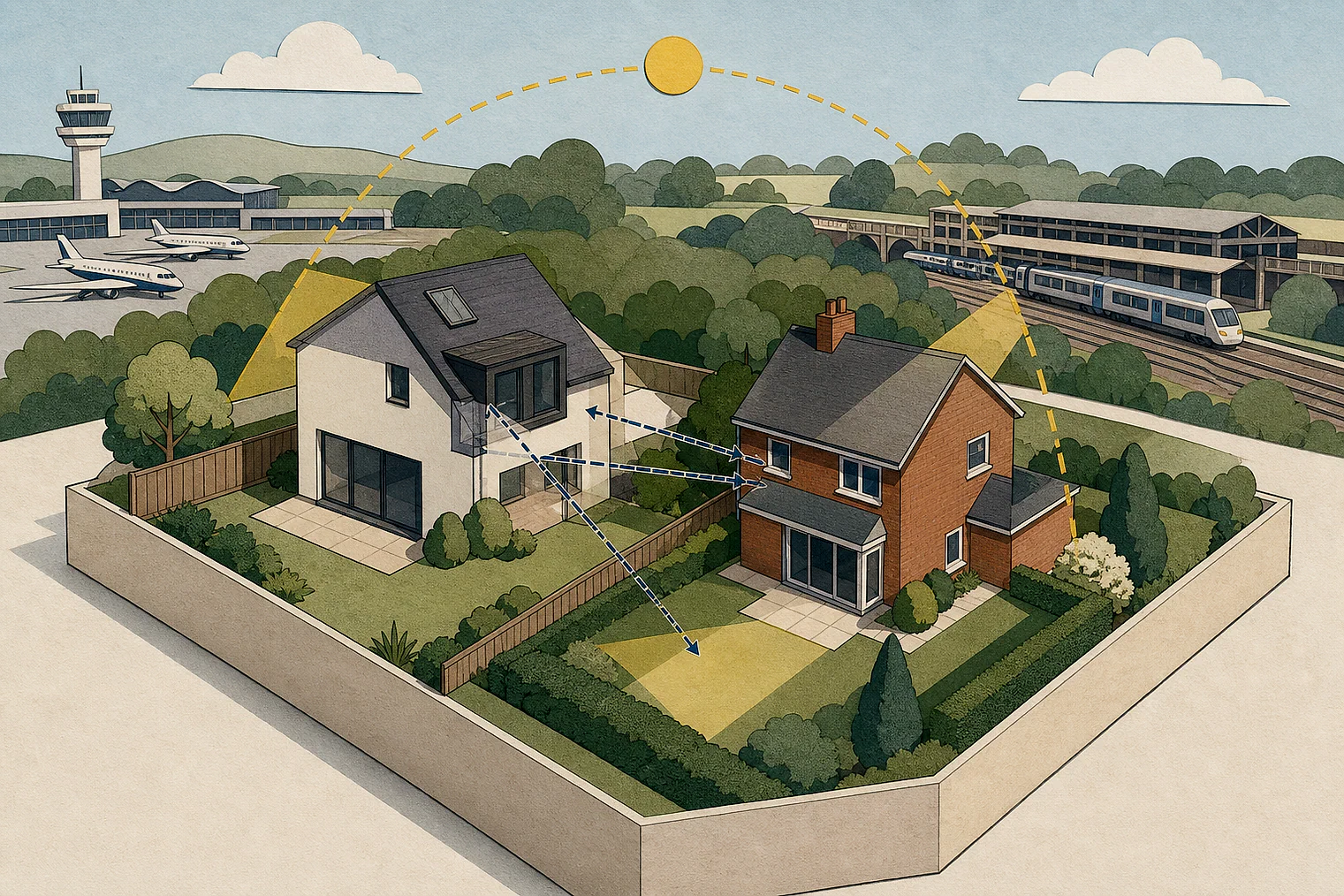 Cut-paper illustration of an imaginary privacy, daylight and neighbour living conditions planning issue in Eastleigh, with simplified local landmarks.