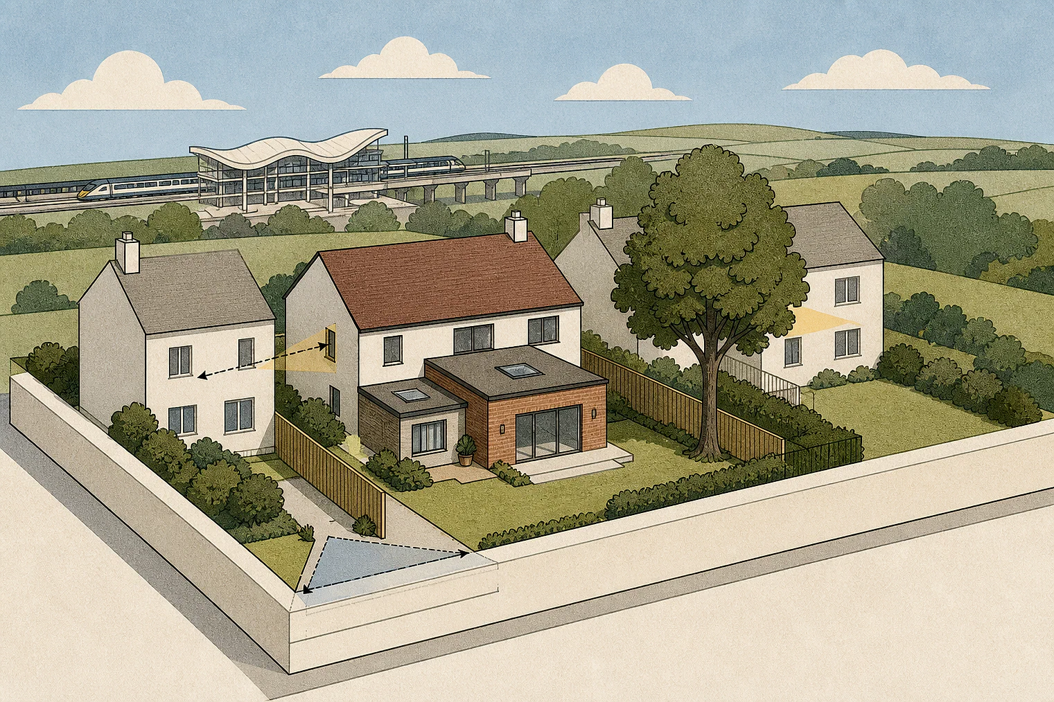 Cut-paper planning illustration for Ebbsfleet, showing extensions, neighbours, access and open land near simplified local landmarks.