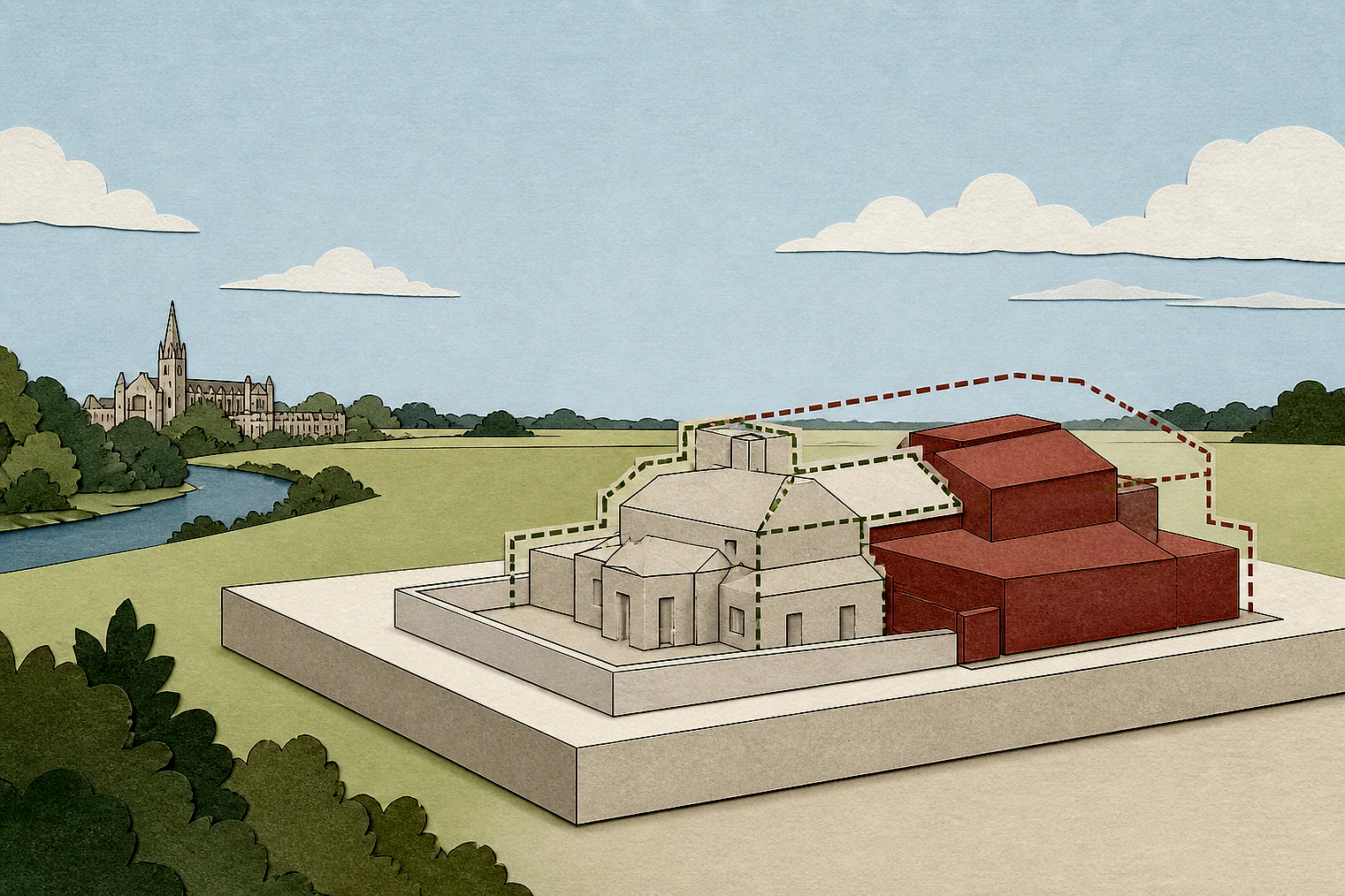 Cut-paper illustration of an imaginary building scale and Green Belt openness planning issue in Elmbridge, with simplified local landmarks.