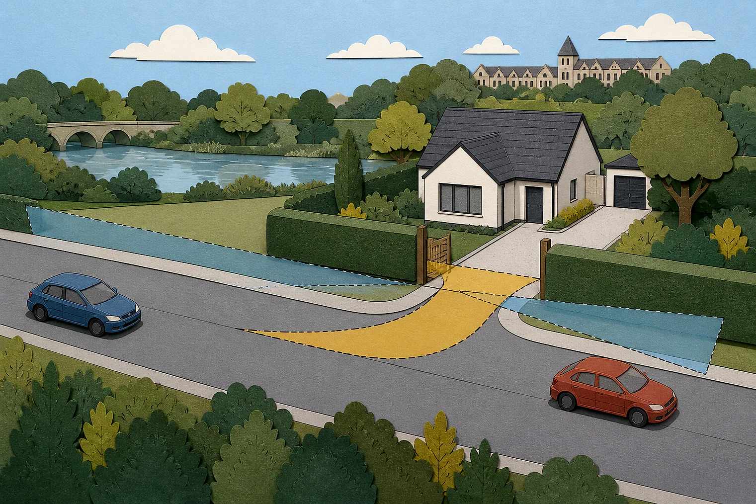 Cut-paper illustration of an imaginary access, visibility and highway safety planning issue in Elmbridge, with simplified local landmarks.