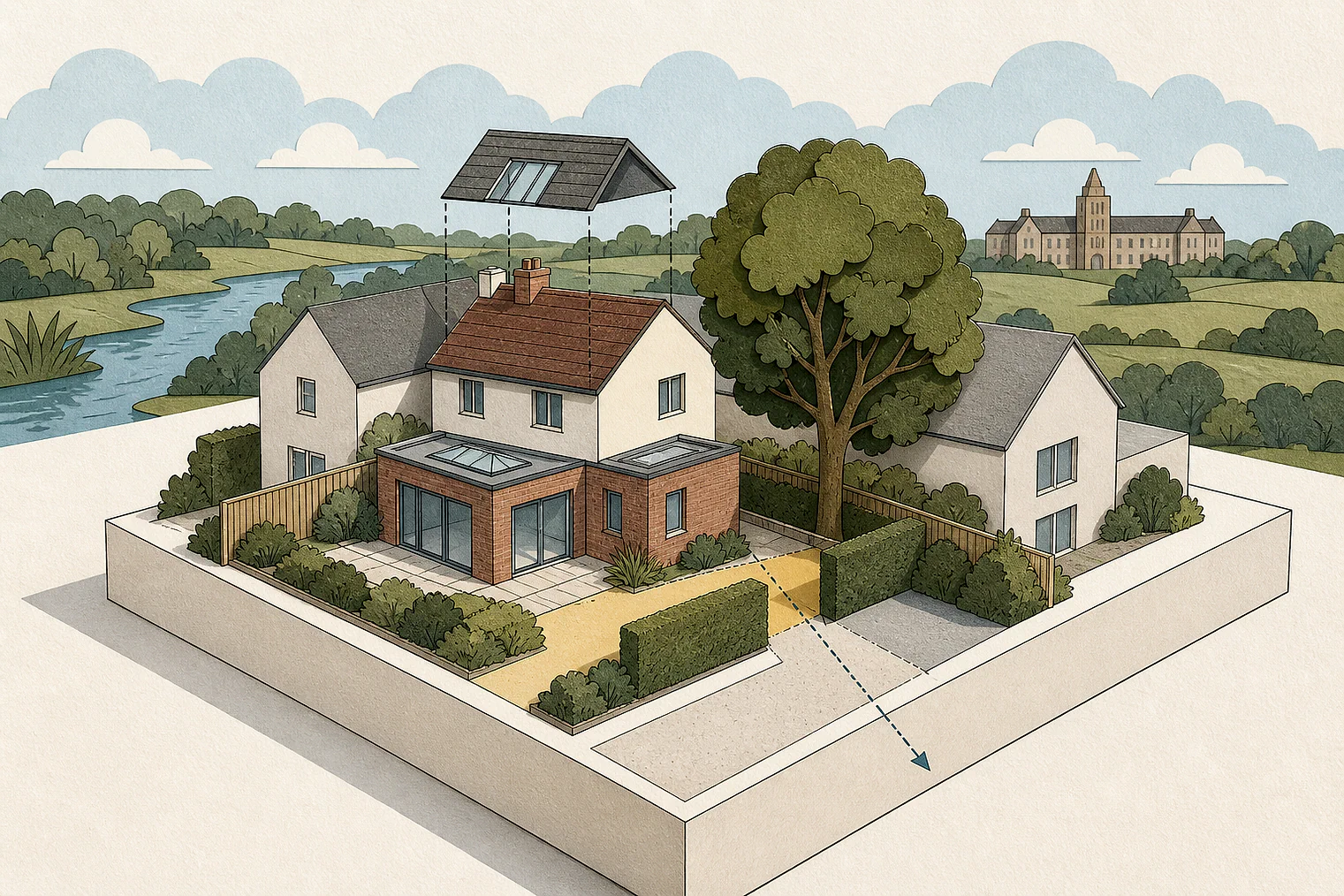 Cut-paper planning illustration for Elmbridge, showing extensions, neighbours, access and open land near simplified local landmarks.