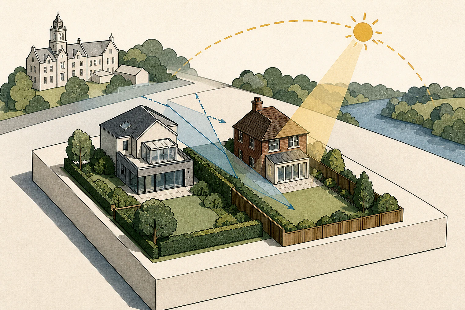 Cut-paper illustration of an imaginary privacy, daylight and neighbour living conditions planning issue in Elmbridge, with simplified local landmarks.