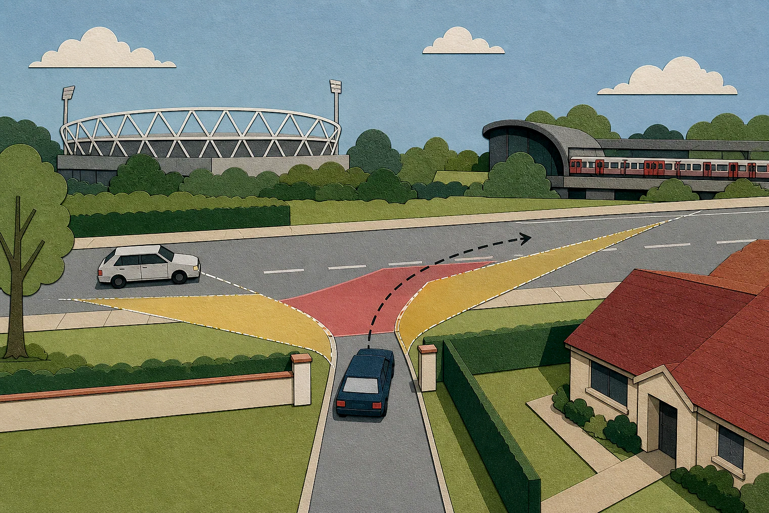 Cut-paper illustration of an imaginary access, visibility and highway safety planning issue in Enfield, with simplified local landmarks.
