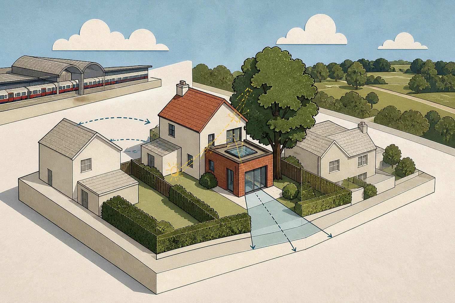 Cut-paper planning illustration for Enfield, showing extensions, neighbours, access and open land near simplified local landmarks.