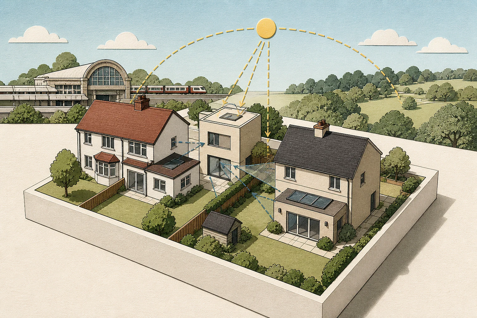 Cut-paper illustration of an imaginary privacy, daylight and neighbour living conditions planning issue in Enfield, with simplified local landmarks.