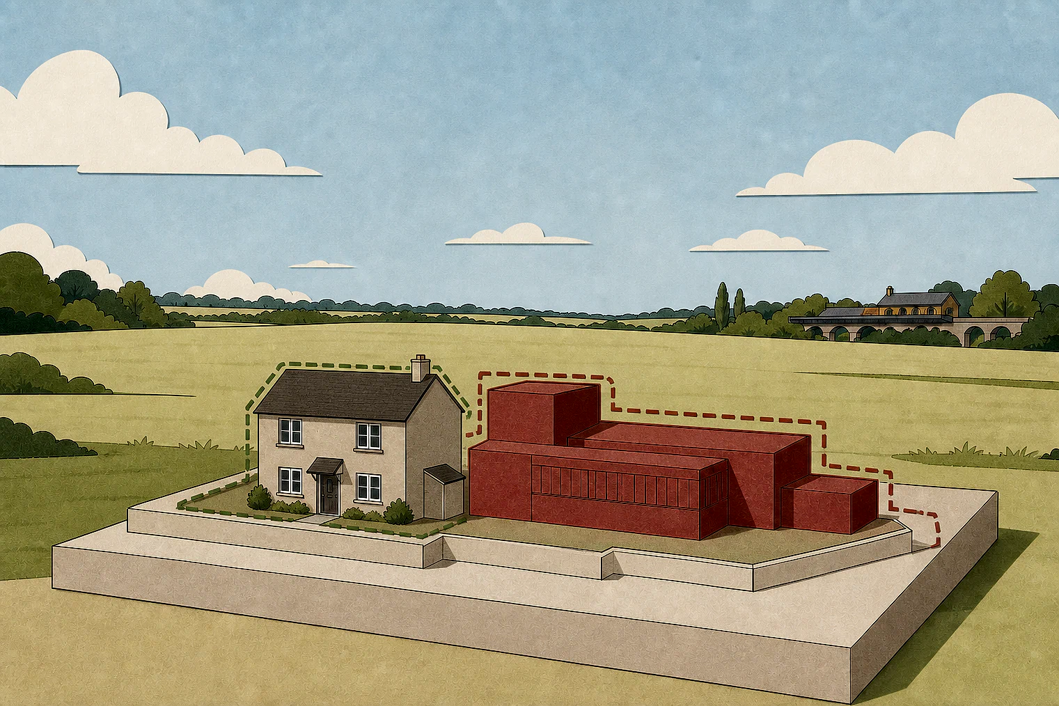 Cut-paper illustration of an imaginary building scale and Green Belt openness planning issue in Epping Forest, with simplified local landmarks.