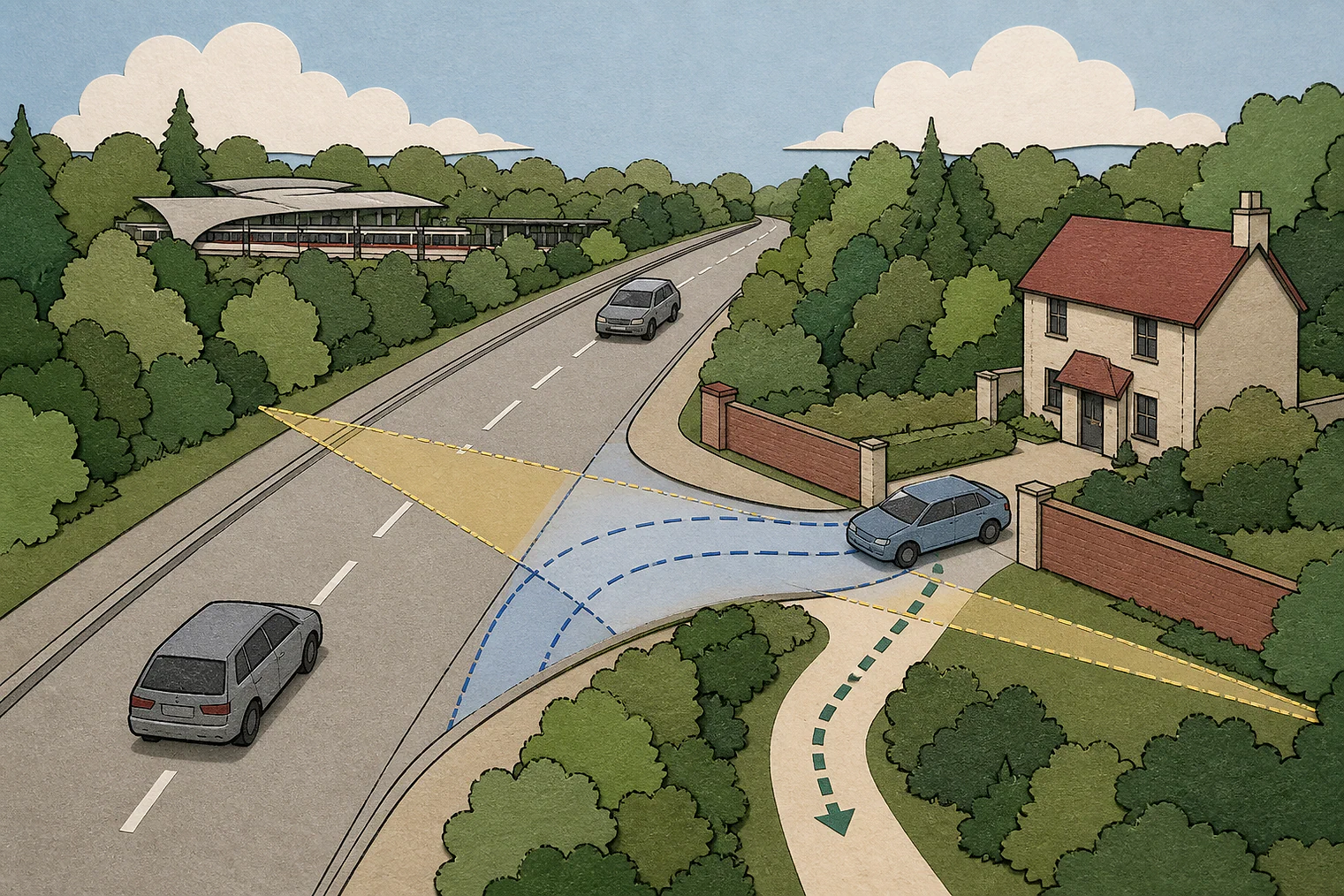 Cut-paper illustration of an imaginary access, visibility and highway safety planning issue in Epping Forest, with simplified local landmarks.