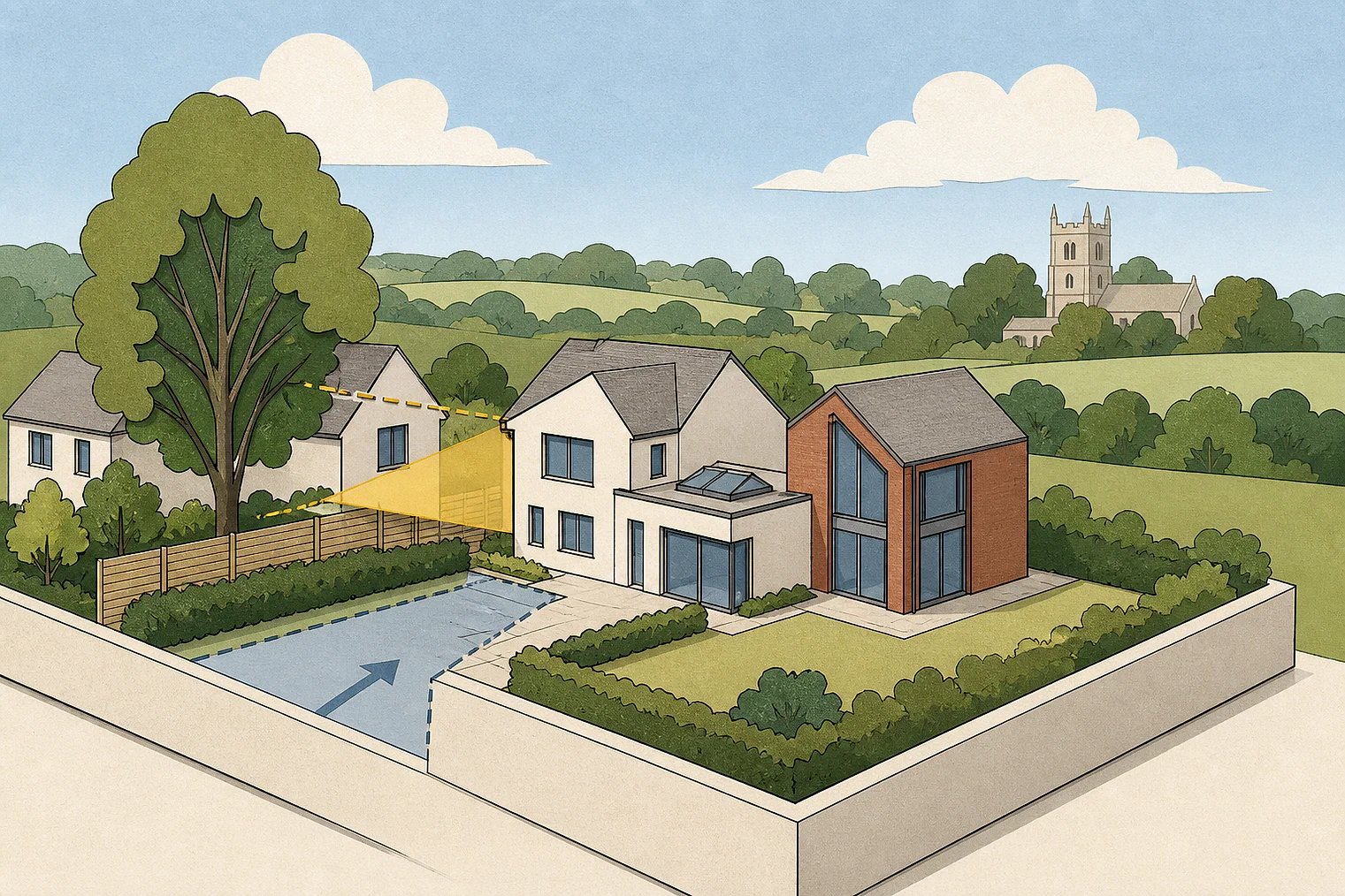 Cut-paper planning illustration for Epping Forest, showing extensions, neighbours, access and open land near simplified local landmarks.