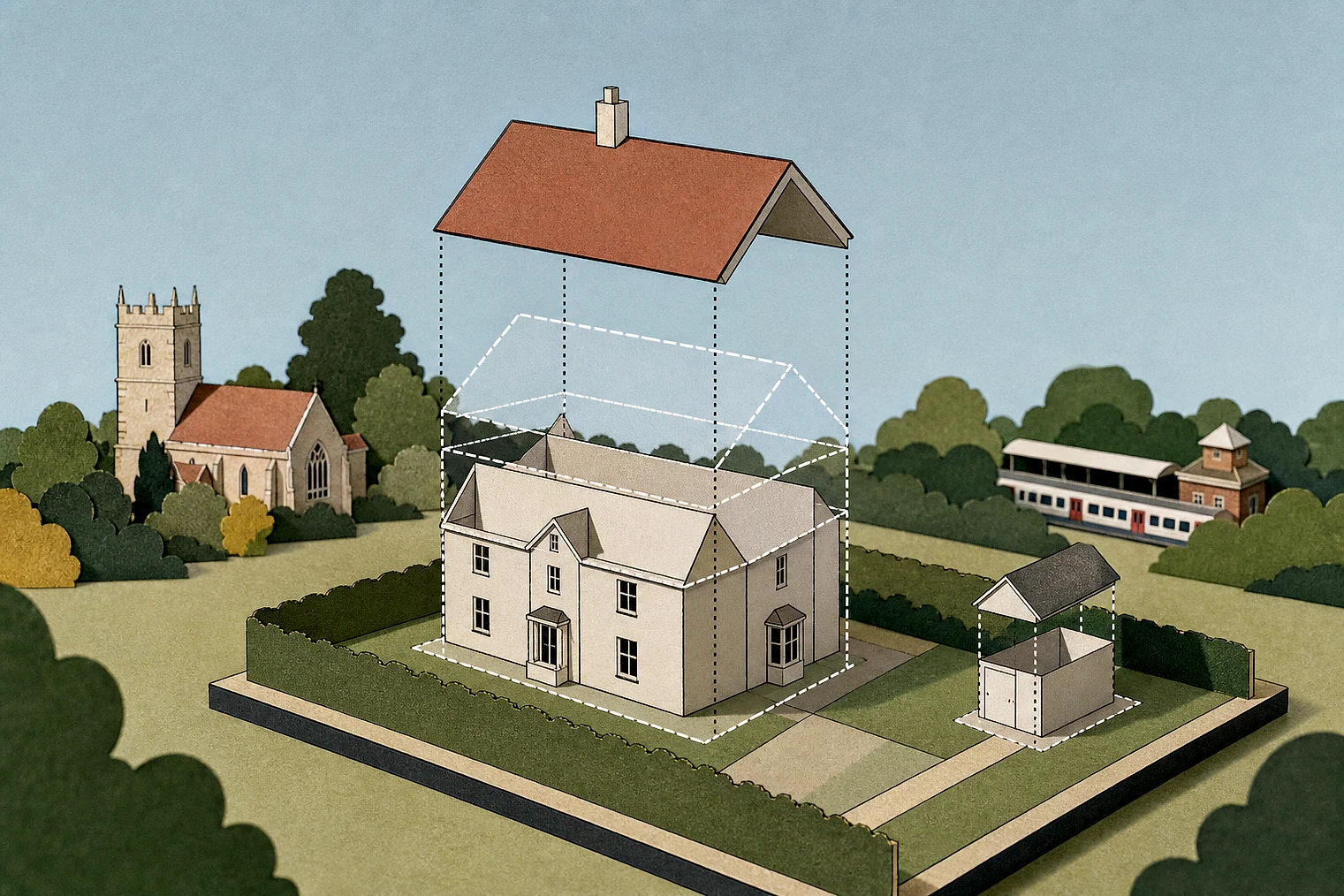 Cut-paper illustration of an imaginary permitted development dimensions and building relationships planning issue in Epping Forest, with simplified local landmarks.