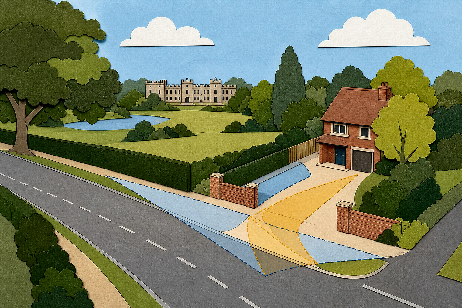 Cut-paper illustration of an imaginary access, visibility and highway safety planning issue in Epsom and Ewell, with simplified local landmarks.