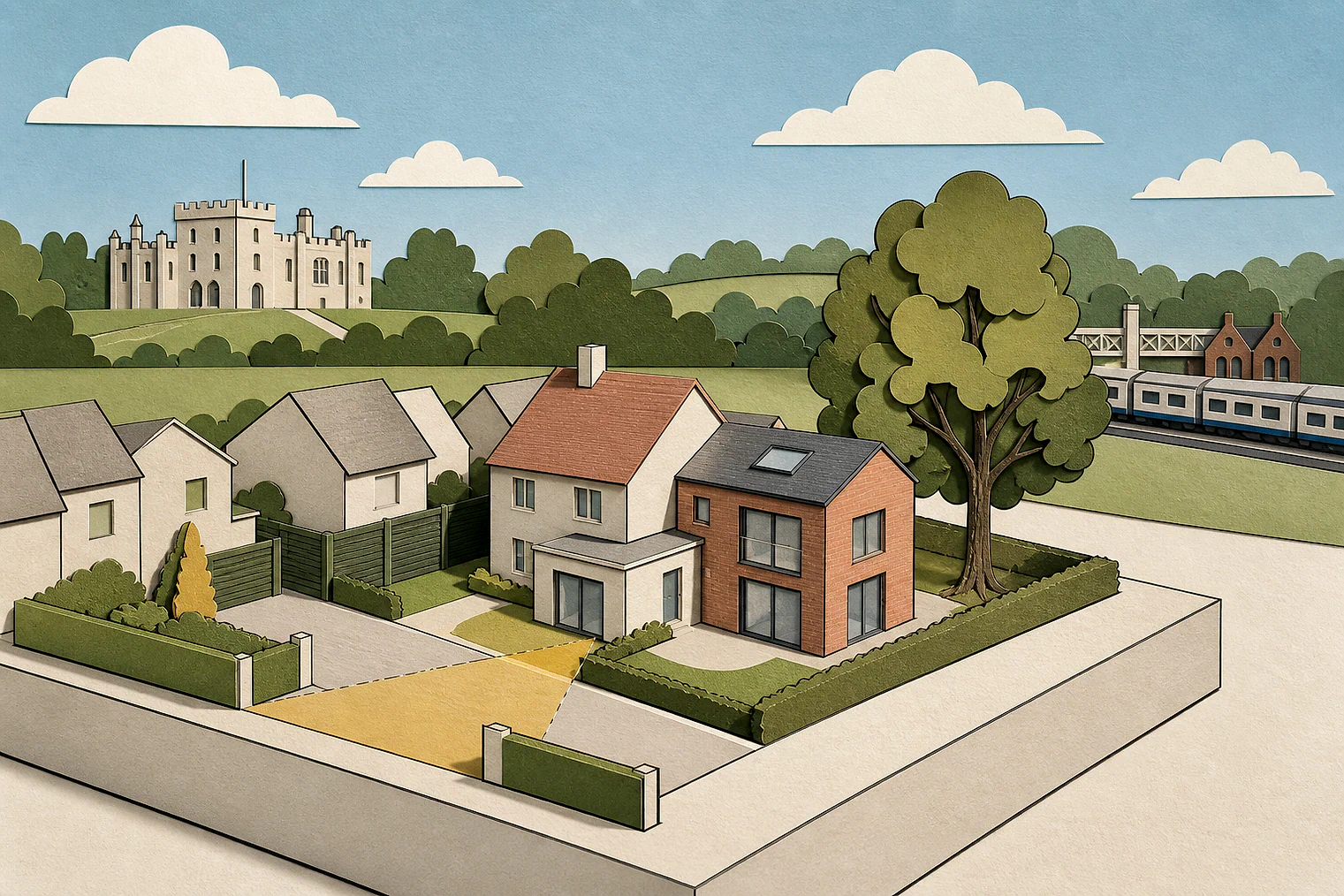 Cut-paper planning illustration for Epsom and Ewell, showing extensions, neighbours, access and open land near simplified local landmarks.