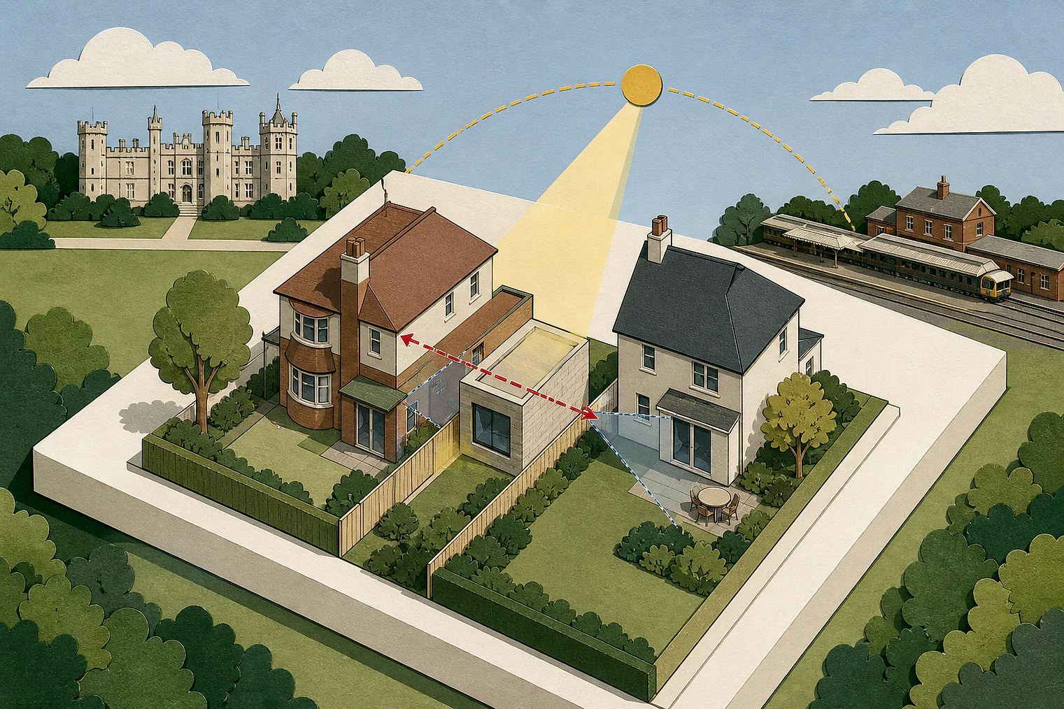 Cut-paper illustration of an imaginary privacy, daylight and neighbour living conditions planning issue in Epsom and Ewell, with simplified local landmarks.