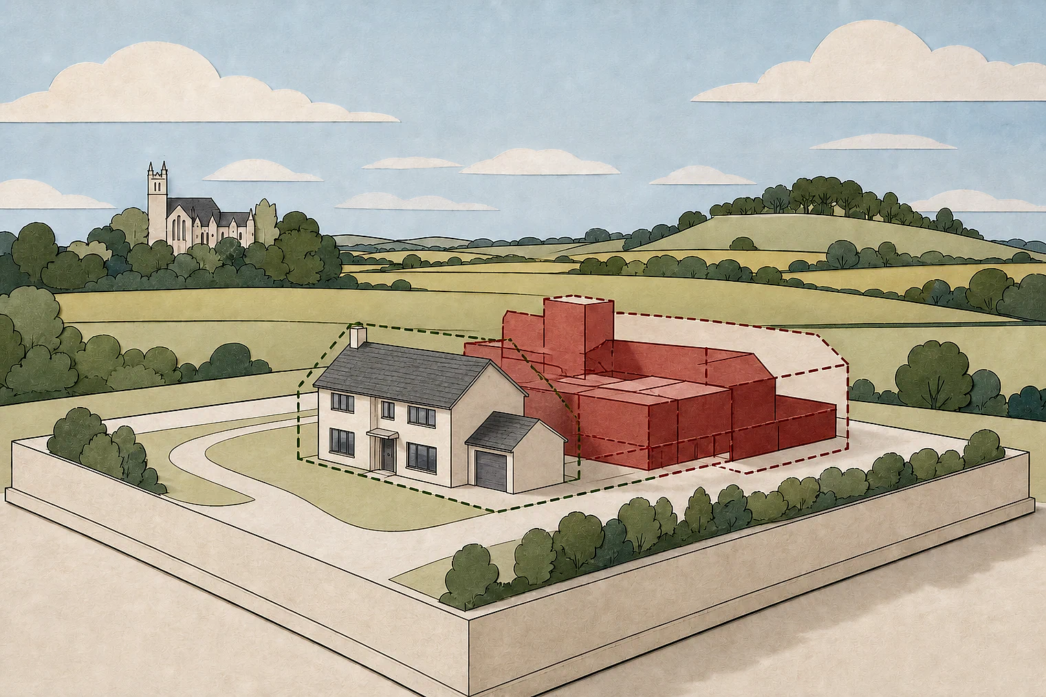 Cut-paper illustration of an imaginary building scale and Green Belt openness planning issue in Erewash, with simplified local landmarks.