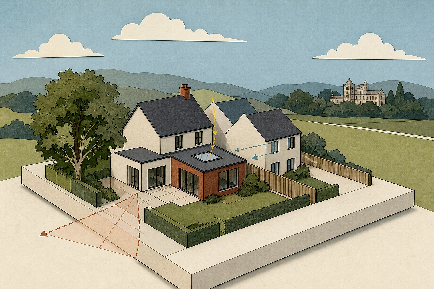 Cut-paper planning illustration for Erewash, showing extensions, neighbours, access and open land near simplified local landmarks.