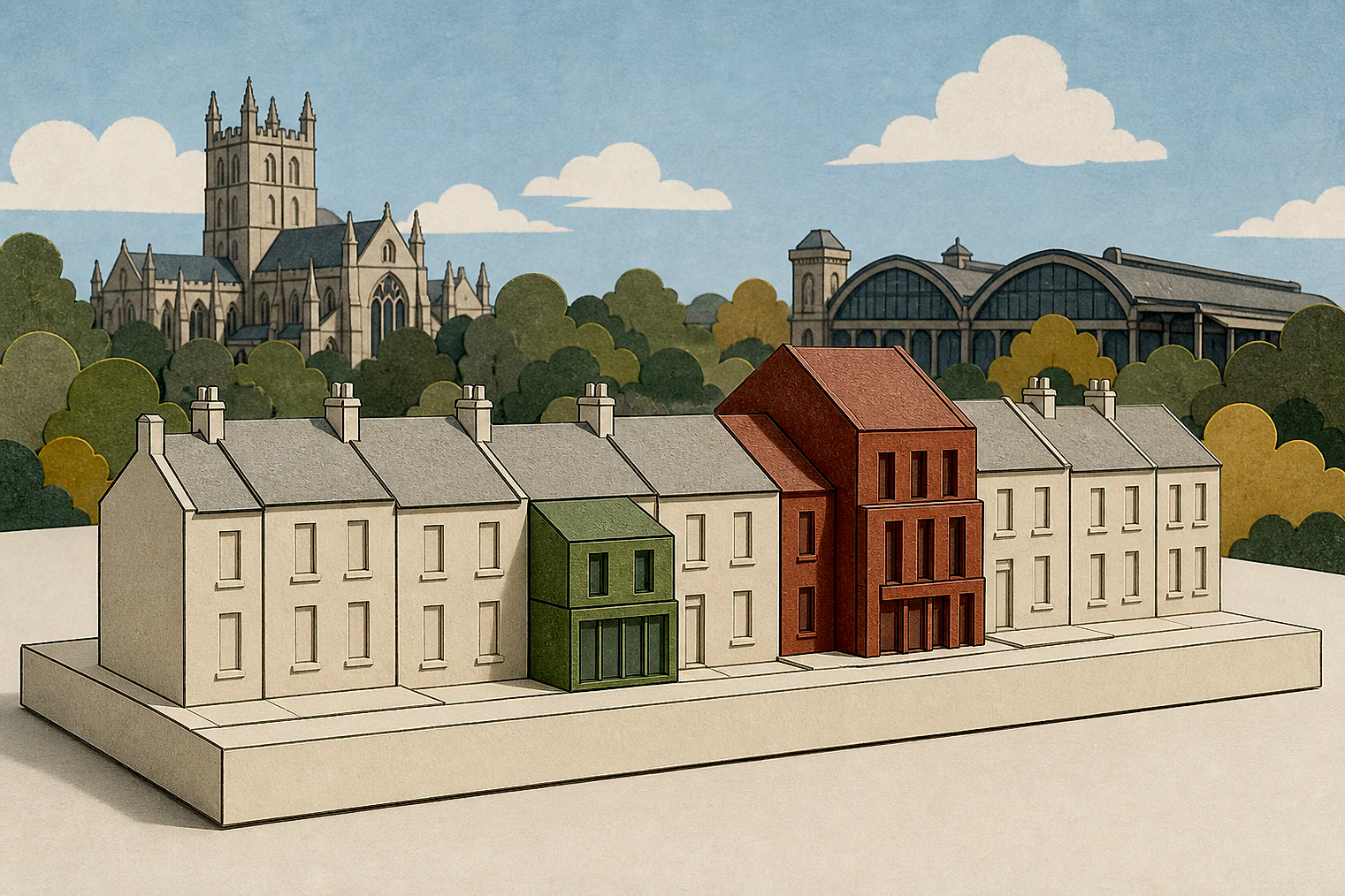 Cut-paper illustration of an imaginary character, scale and appearance planning issue in Exeter, with simplified local landmarks.