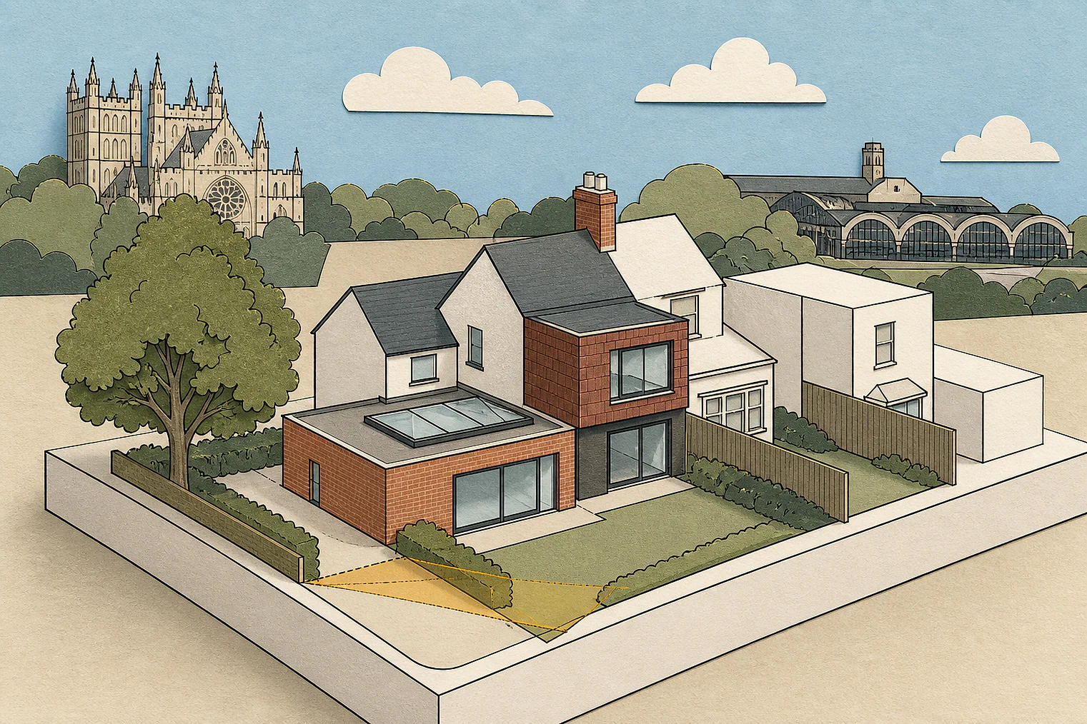 Cut-paper planning illustration for Exeter, showing extensions, neighbours, access and open land near simplified local landmarks.