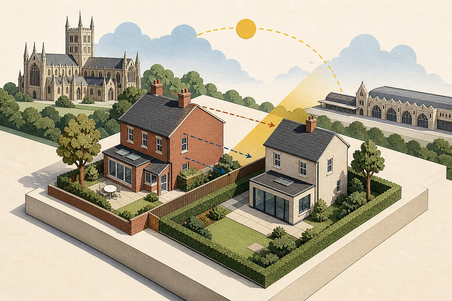 Cut-paper illustration of an imaginary privacy, daylight and neighbour living conditions planning issue in Exeter, with simplified local landmarks.
