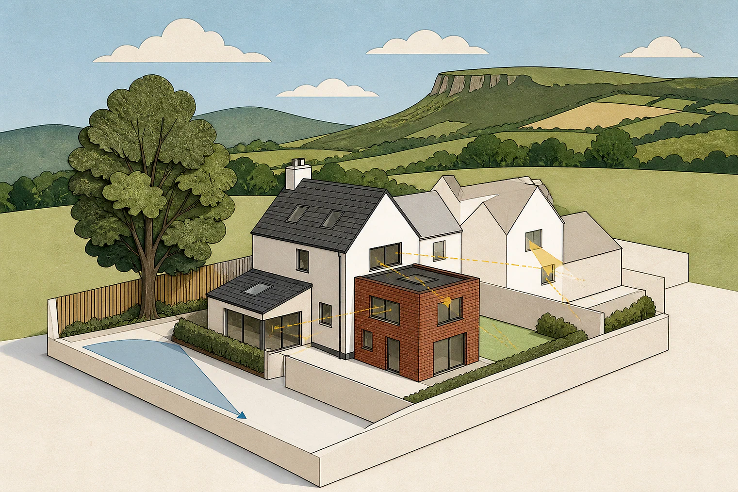 Cut-paper planning illustration for Exmoor, showing extensions, neighbours, access and open land near simplified local landmarks.