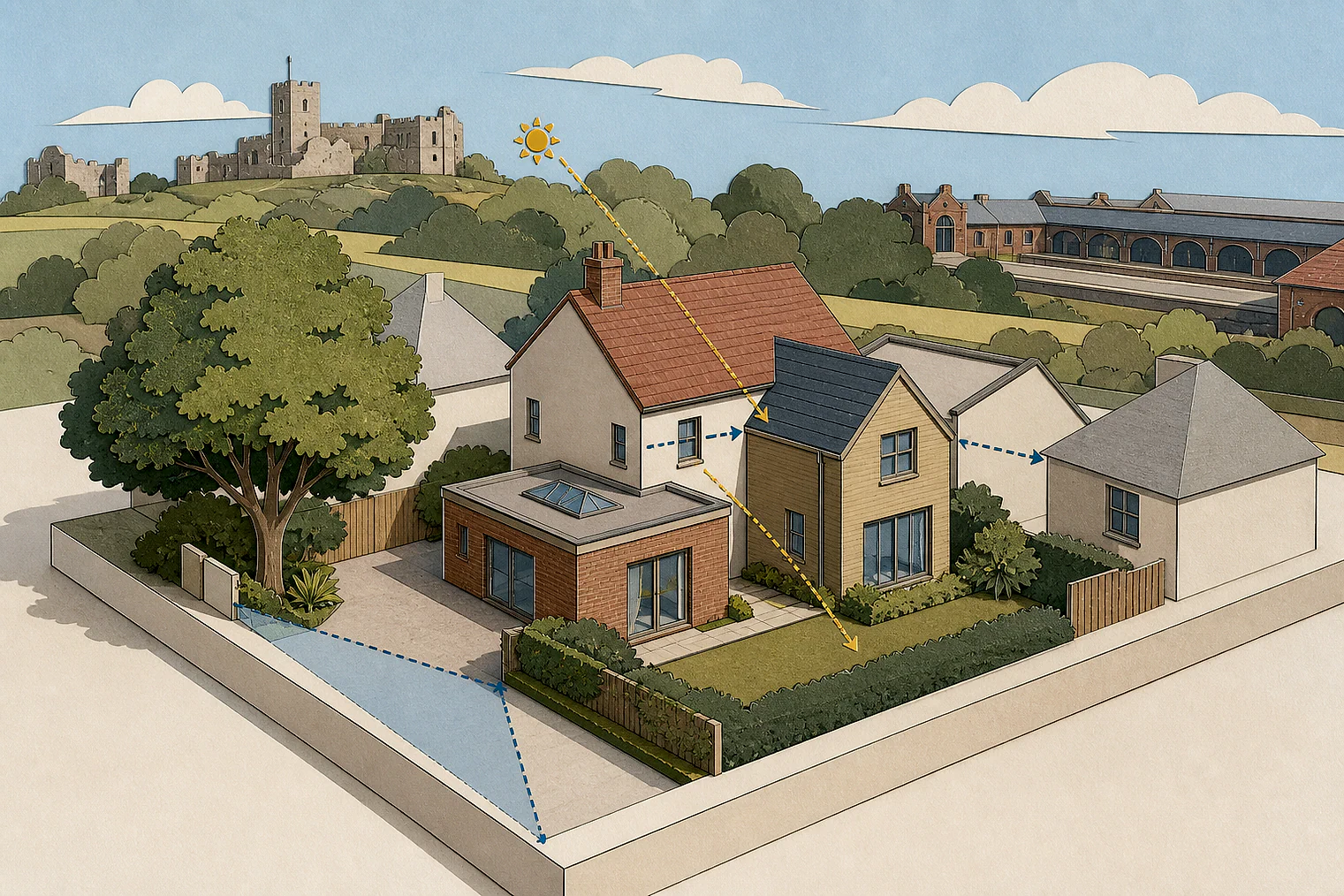 Cut-paper planning illustration for Fareham, showing extensions, neighbours, access and open land near simplified local landmarks.