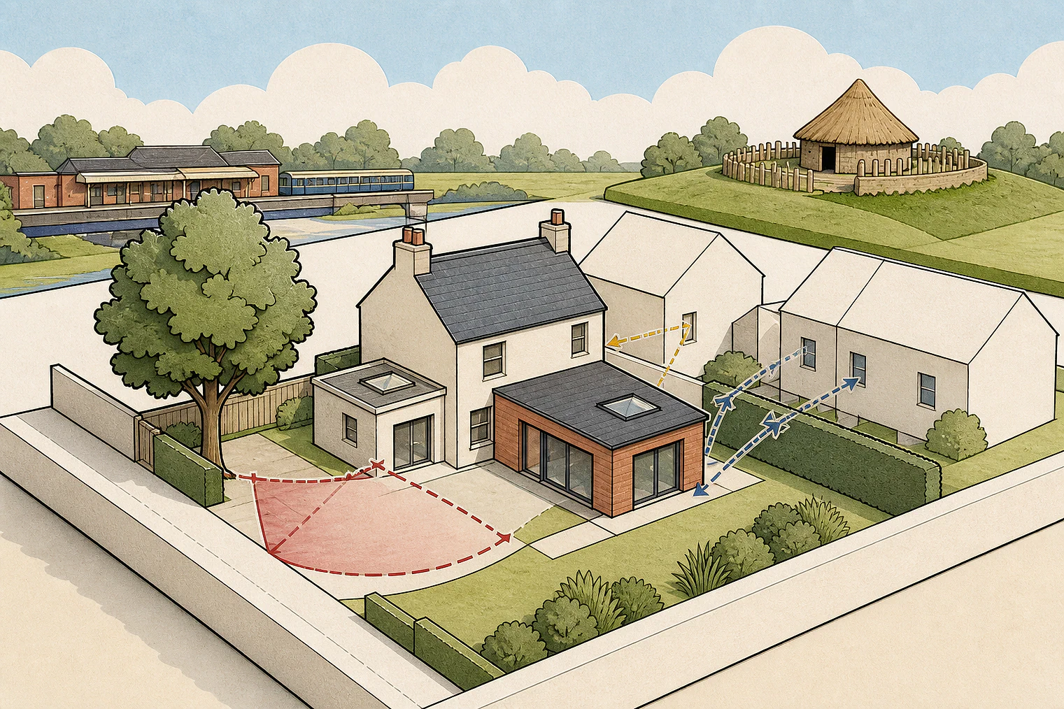 Cut-paper planning illustration for Fenland, showing extensions, neighbours, access and open land near simplified local landmarks.
