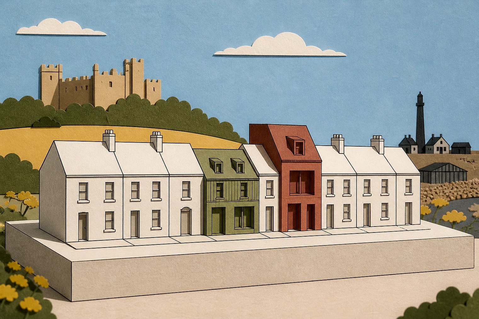 Cut-paper illustration of an imaginary character, scale and appearance planning issue in Folkestone and Hythe, with simplified local landmarks.