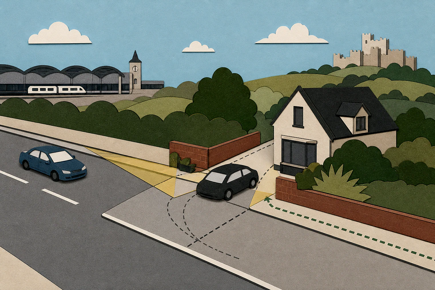 Cut-paper illustration of an imaginary access, visibility and highway safety planning issue in Folkestone and Hythe, with simplified local landmarks.