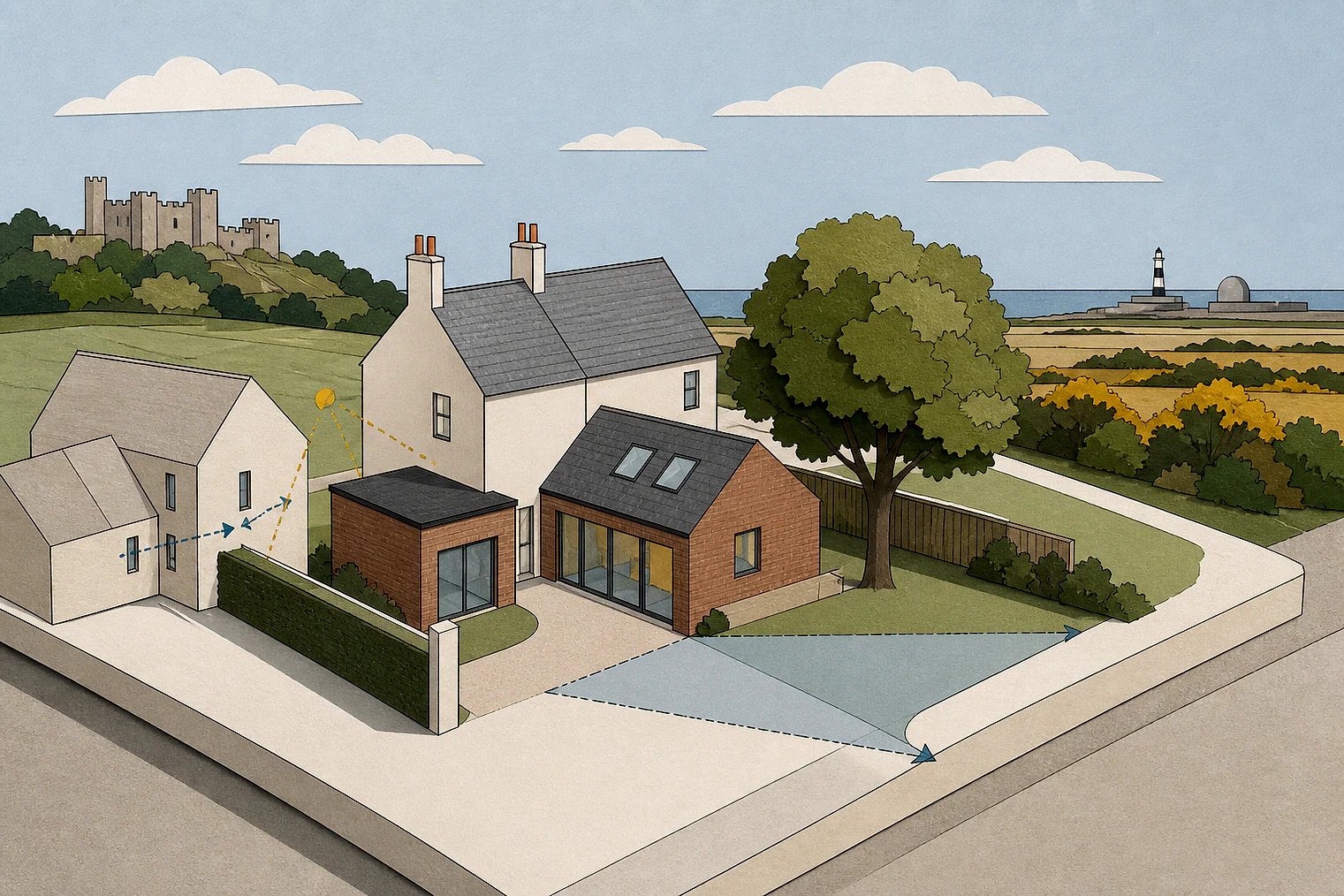 Cut-paper planning illustration for Folkestone and Hythe, showing extensions, neighbours, access and open land near simplified local landmarks.