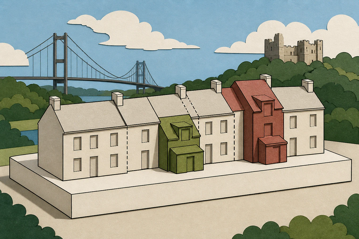 Cut-paper illustration of an imaginary character, scale and appearance planning issue in Forest of Dean, with simplified local landmarks.